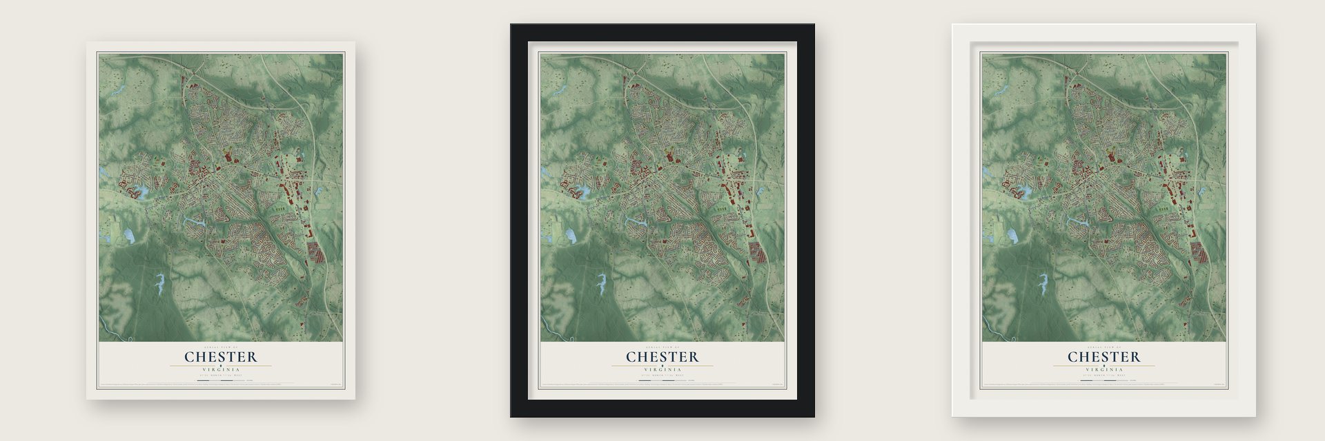 Chester, Virginia map unframed, in a black wood frame and in a white wood frame