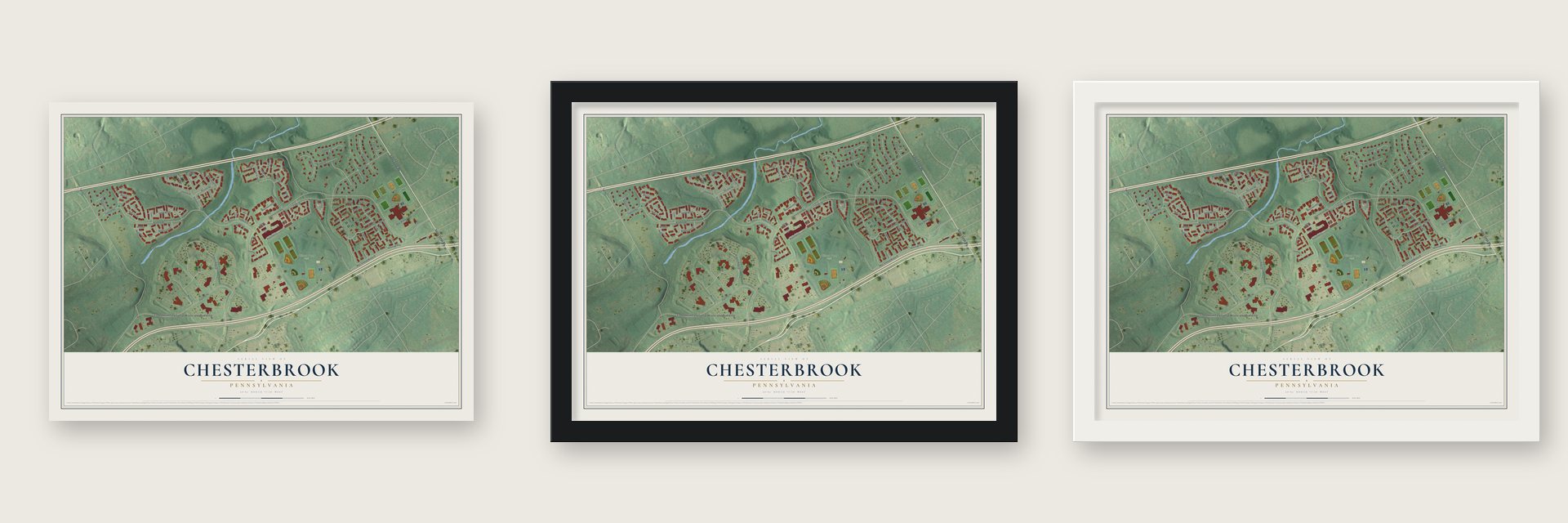 Chesterbrook, Pennsylvania map unframed, in a black wood frame and in a white wood frame