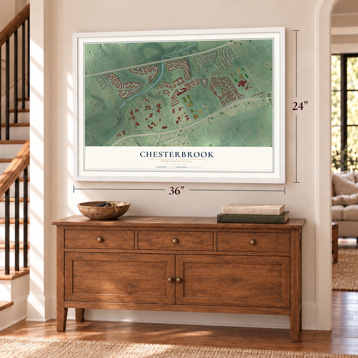 Chesterbrook, Pennsylvania map, 24 x 36 inch print in a white frame above a dresser by a staircase