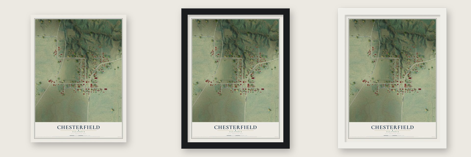 Chesterfield, Illinois map unframed, in a black wood frame and in a white wood frame