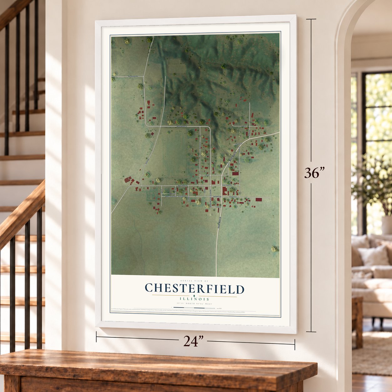 Chesterfield, Illinois map, 24 x 36 inch print in a white frame by a staircase