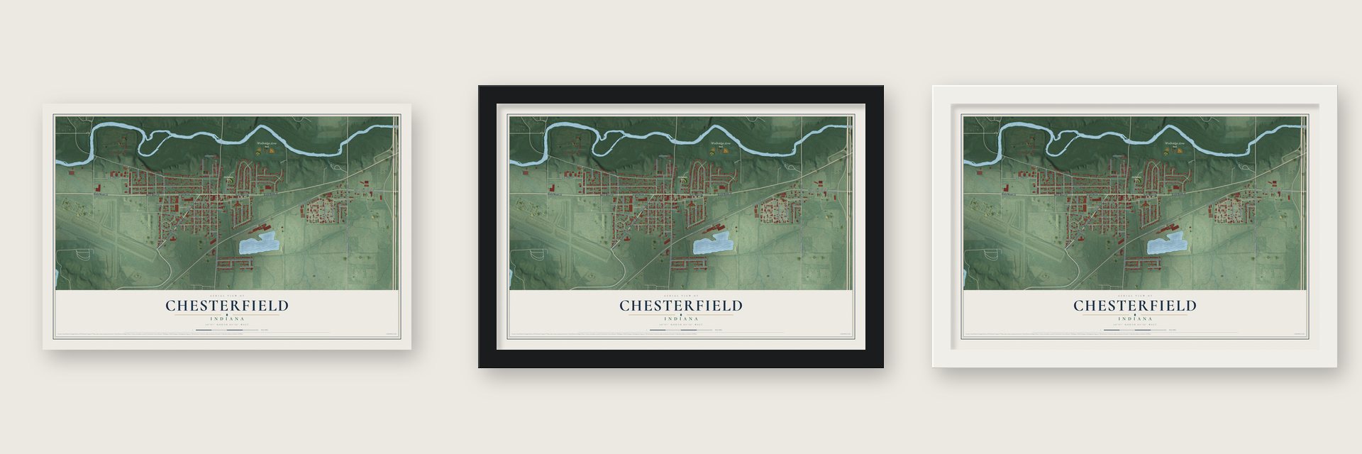 Chesterfield, Indiana map unframed, in a black wood frame and in a white wood frame