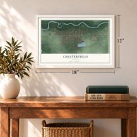 Chesterfield, Indiana map, 12 x 18 inch print in a white frame in an entryway