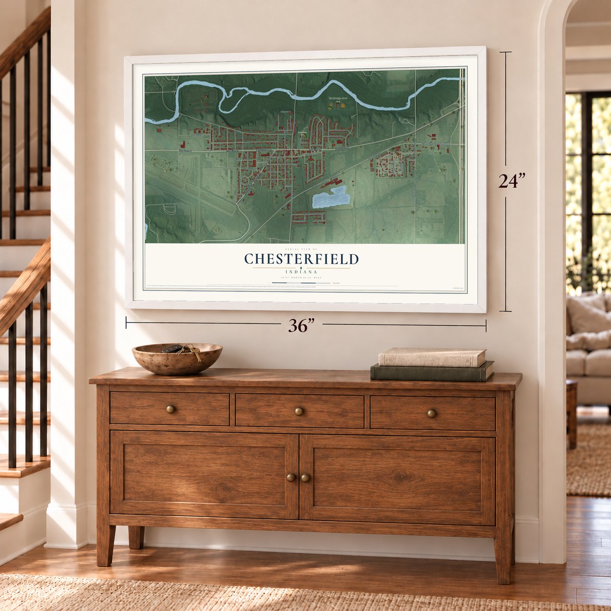Chesterfield, Indiana map, 24 x 36 inch print in a white frame above a dresser by a staircase