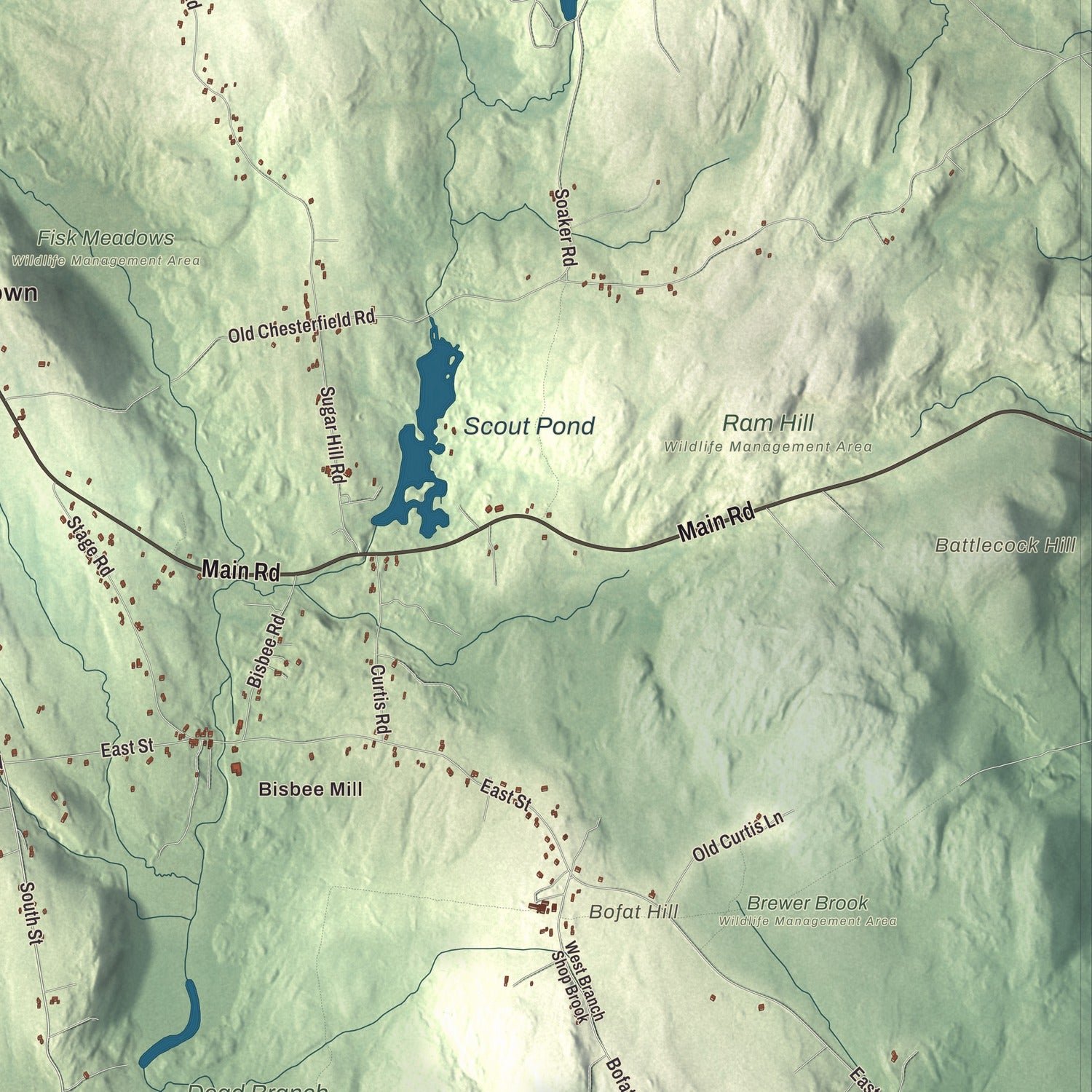 Close-up of the map of Chesterfield, Massachusetts print showing terrain and local geography