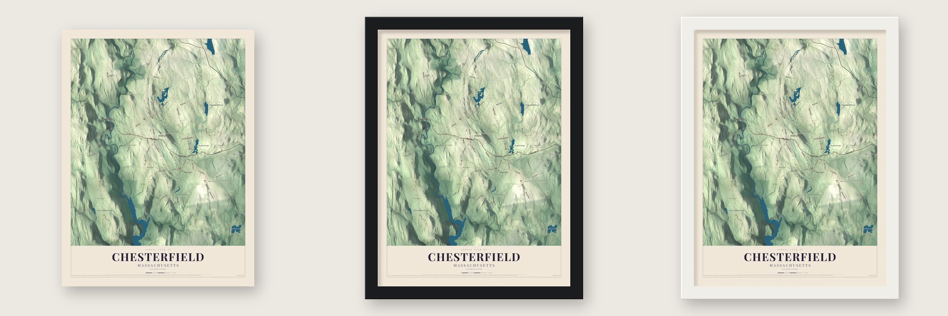 Chesterfield, Massachusetts map unframed, in a black wood frame and in a white wood frame