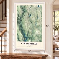 Chesterfield, Massachusetts map, 24 x 36 inch print in a white frame by a staircase