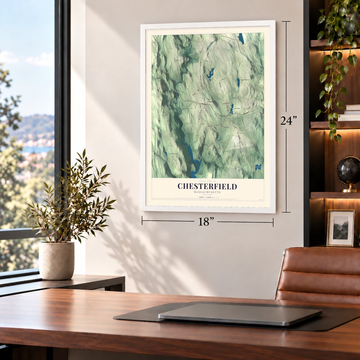 Chesterfield, Massachusetts map, 18 x 24 inch print in a white frame in a home office