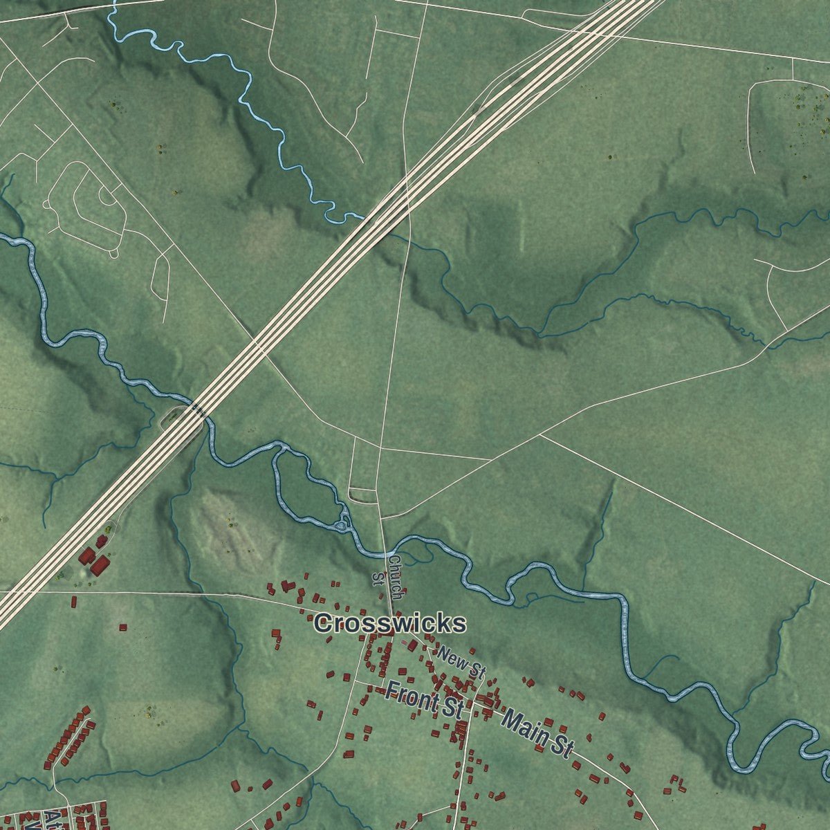 Second close-up of the map of Chesterfield, New Jersey print showing more streets and buildings