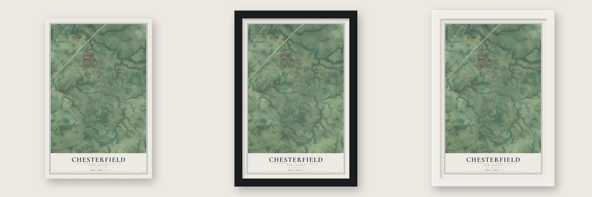 Chesterfield, New Jersey map unframed, in a black wood frame and in a white wood frame