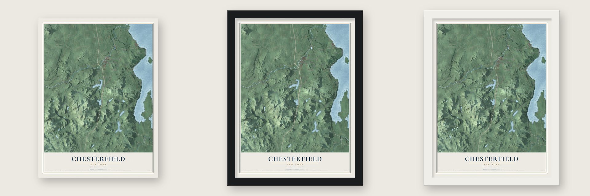 Chesterfield, New York map unframed, in a black wood frame and in a white wood frame