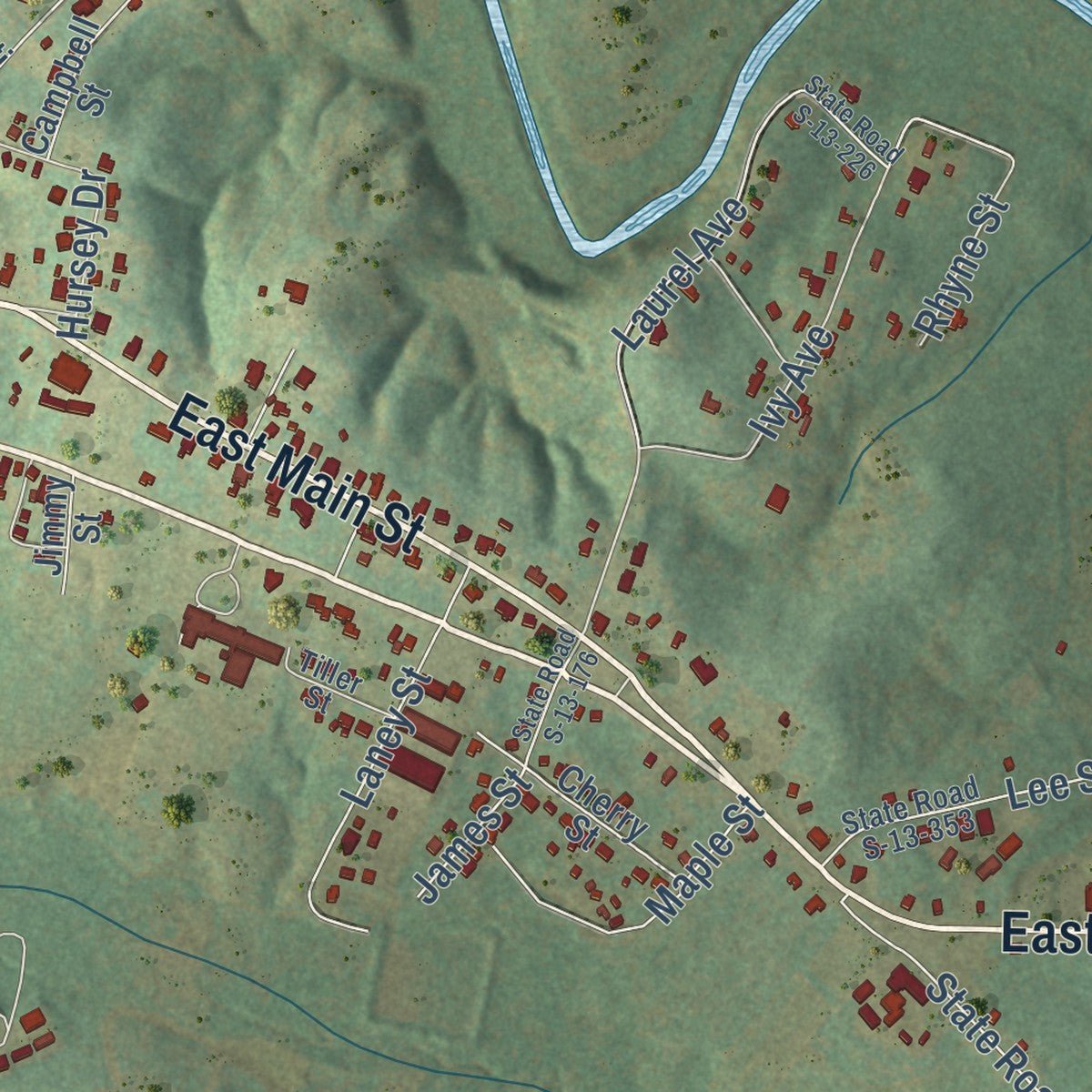 Second close-up of the map of Chesterfield, South Carolina print showing more streets and buildings