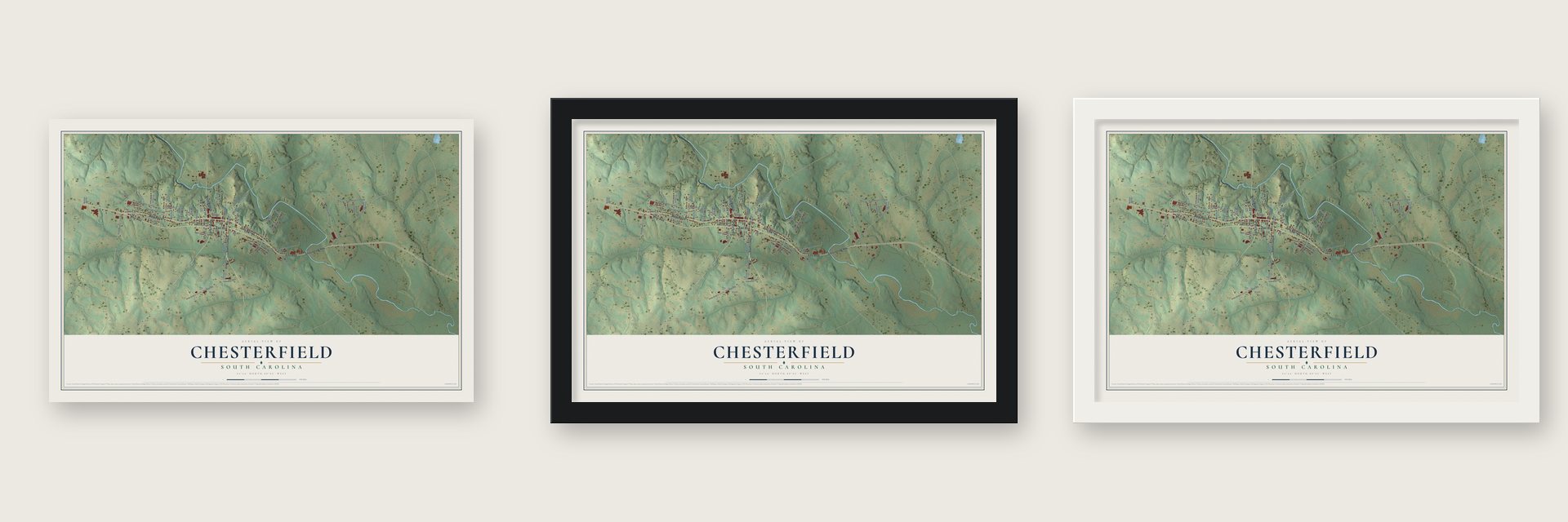 Chesterfield, South Carolina map unframed, in a black wood frame and in a white wood frame