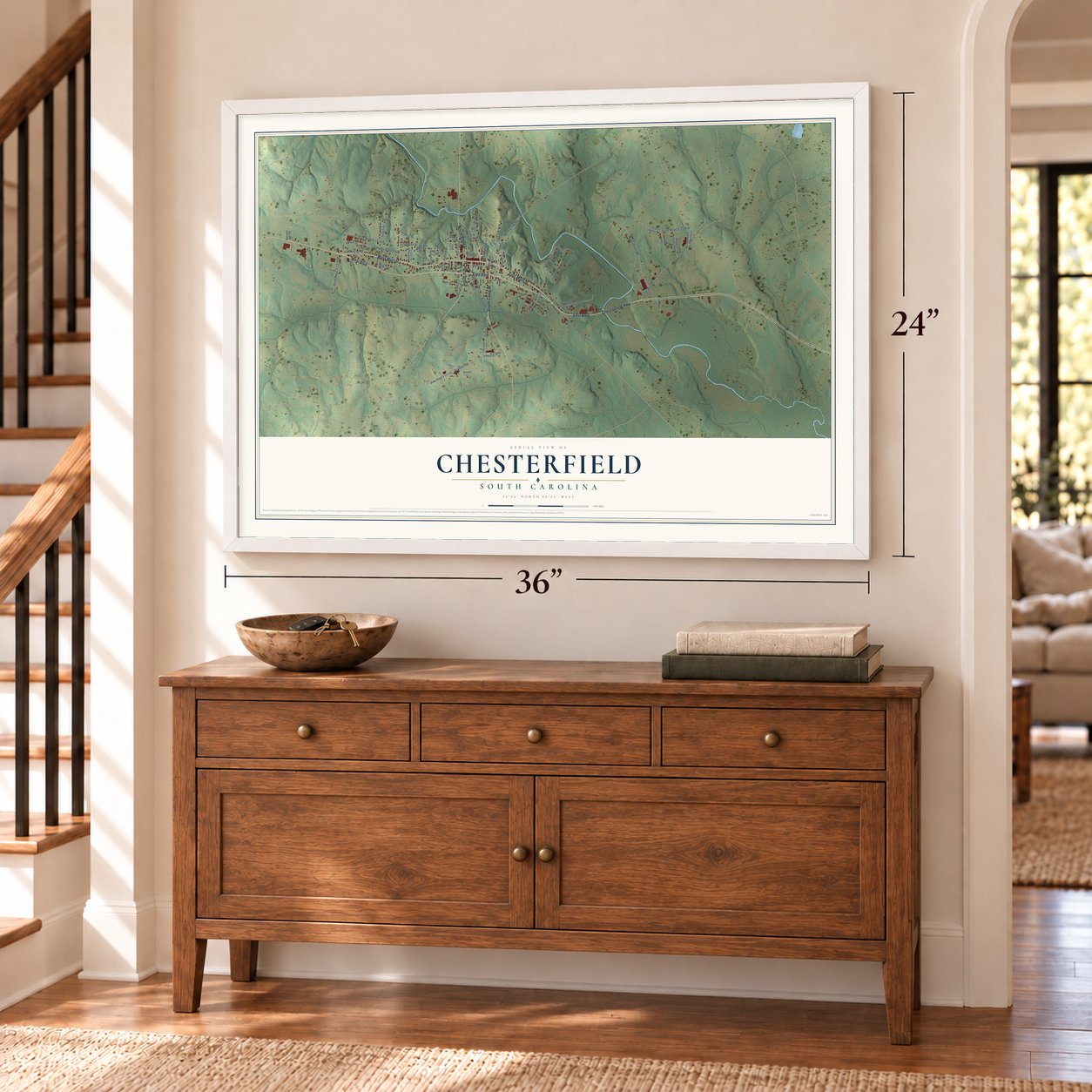 Chesterfield, South Carolina map, 24 x 36 inch print in a white frame above a dresser by a staircase
