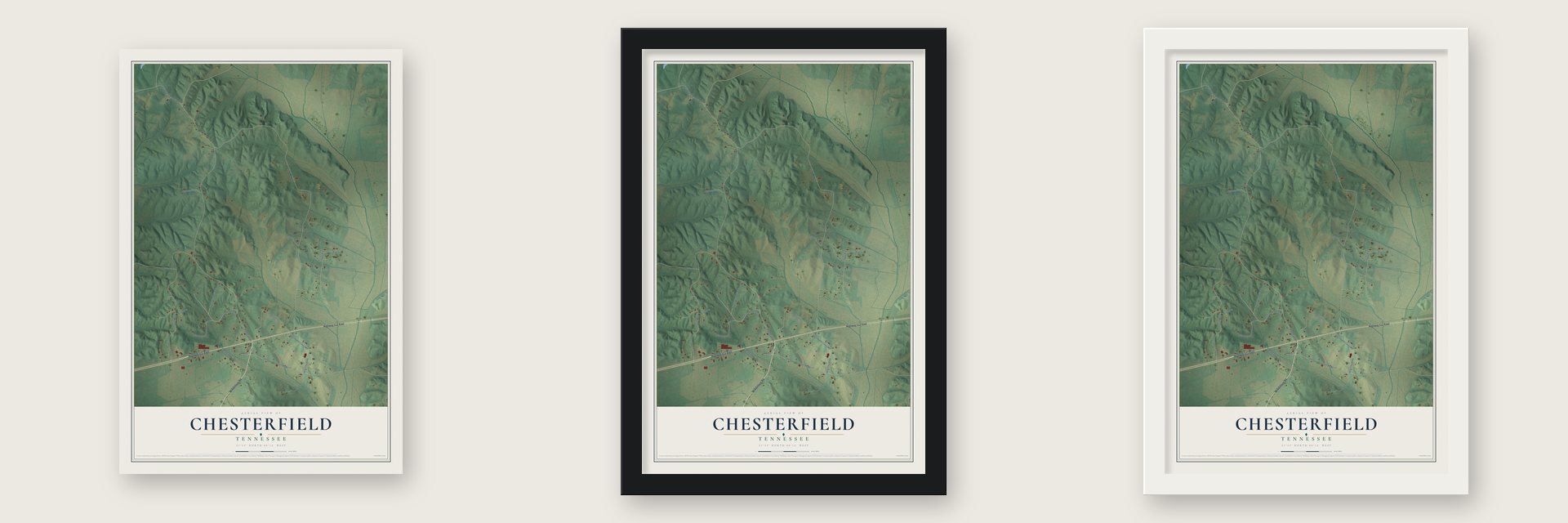 Chesterfield, Tennessee map unframed, in a black wood frame and in a white wood frame