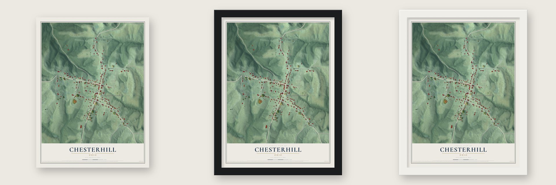 Chesterhill, Ohio map unframed, in a black wood frame and in a white wood frame