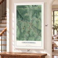 Chesterhill, Ohio map, 24 x 36 inch print in a white frame by a staircase