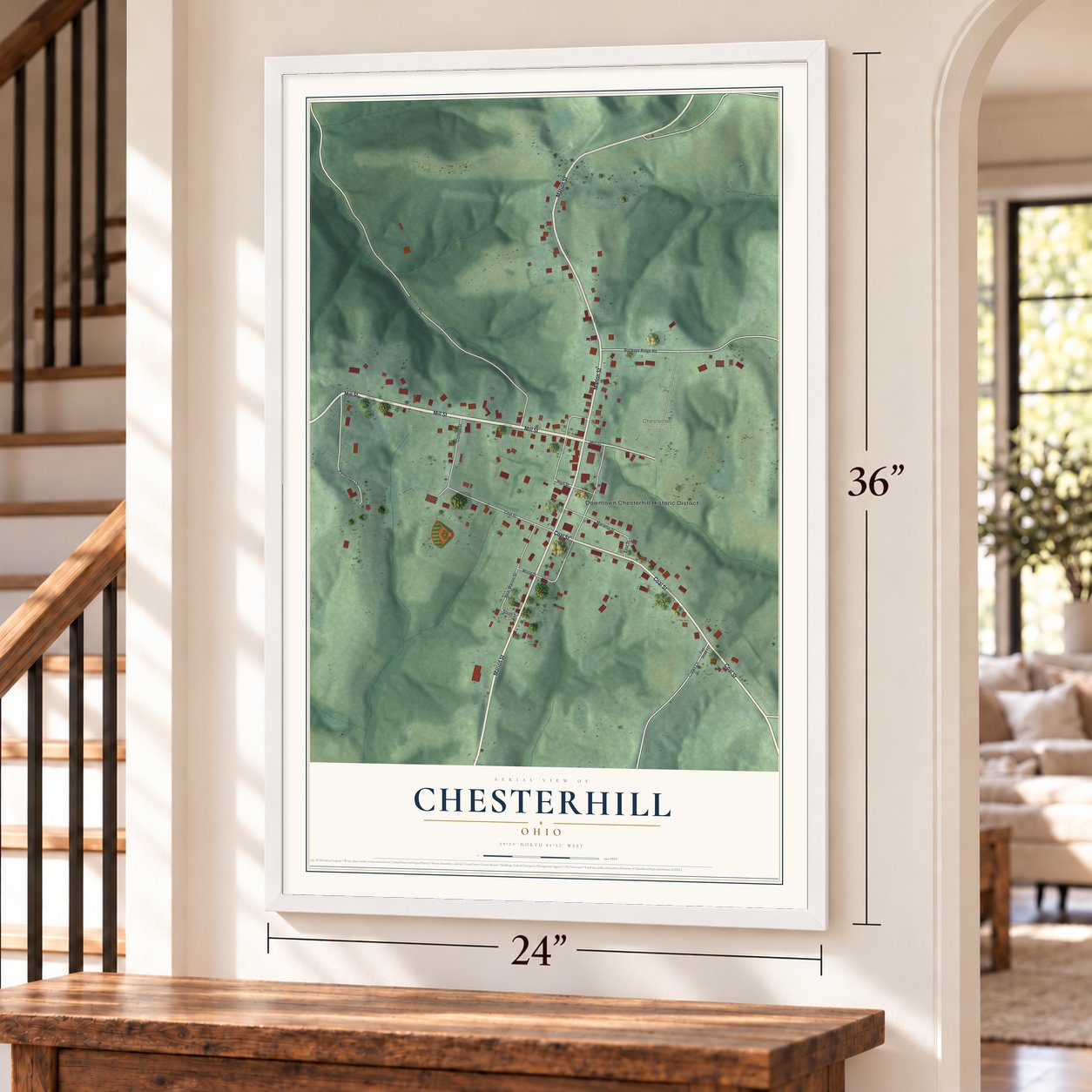 Chesterhill, Ohio map, 24 x 36 inch print in a white frame by a staircase