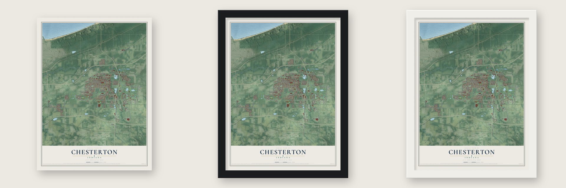 Chesterton, Indiana map unframed, in a black wood frame and in a white wood frame