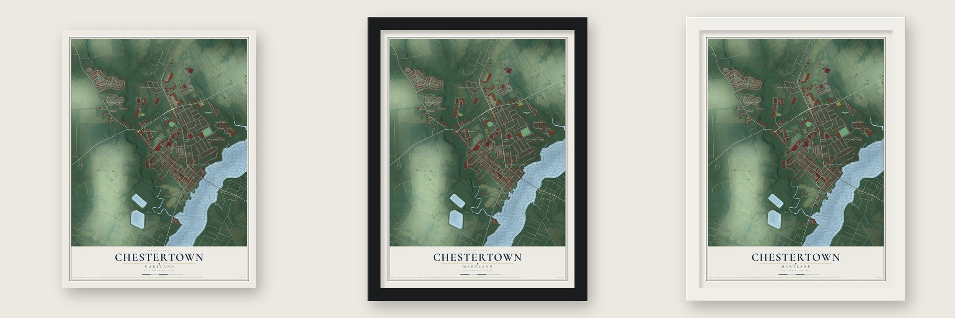 Chestertown, Maryland map unframed, in a black wood frame and in a white wood frame