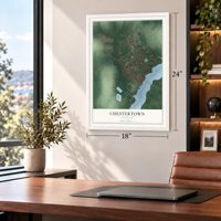 Chestertown, Maryland map, 18 x 24 inch print in a white frame in a home office