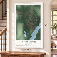 Chestertown, Maryland map, 24 x 36 inch print in a white frame by a staircase