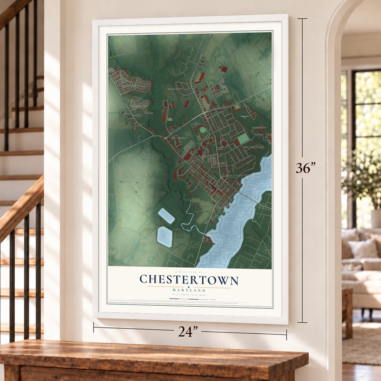 Chestertown, Maryland map, 24 x 36 inch print in a white frame by a staircase