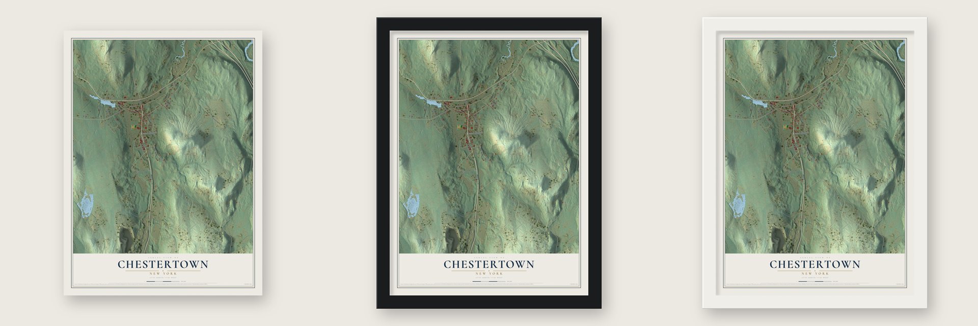 Chestertown, New York map unframed, in a black wood frame and in a white wood frame