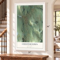 Chestertown, New York map, 24 x 36 inch print in a white frame by a staircase