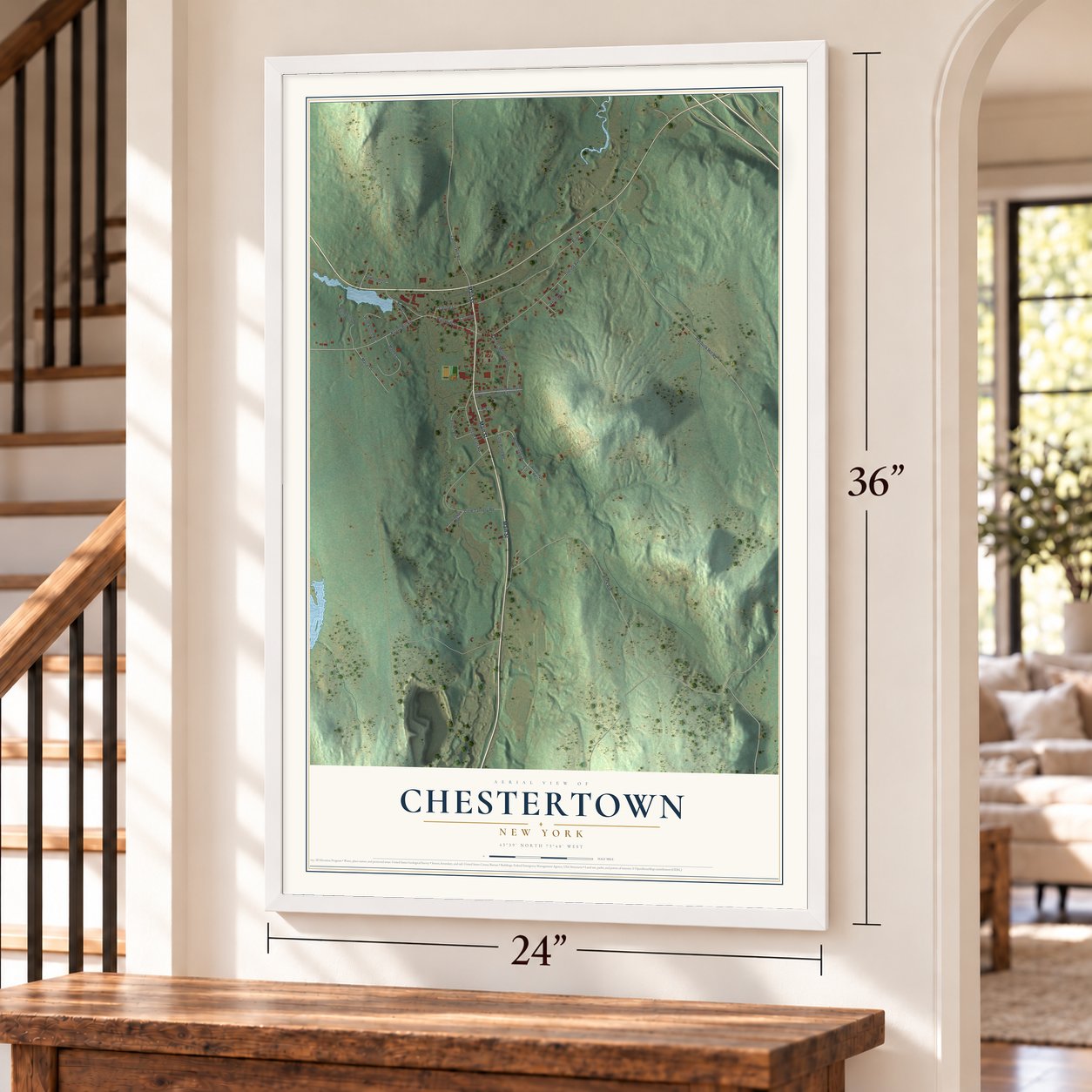 Chestertown, New York map, 24 x 36 inch print in a white frame by a staircase