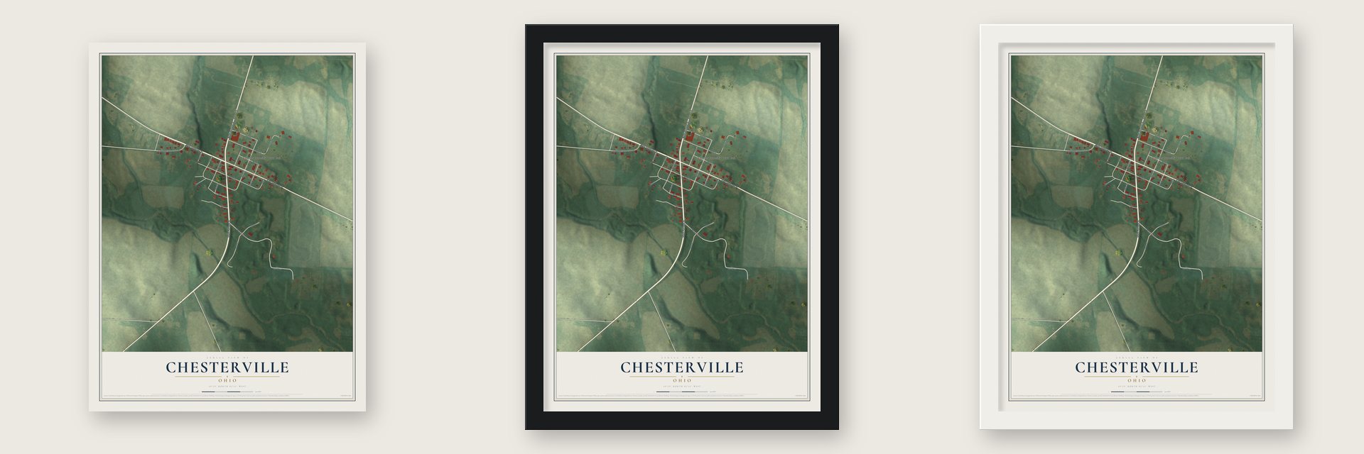 Chesterville, Ohio map unframed, in a black wood frame and in a white wood frame