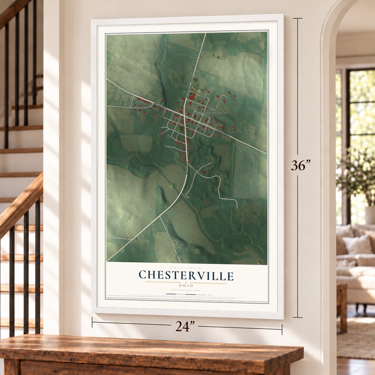 Chesterville, Ohio map, 24 x 36 inch print in a white frame by a staircase