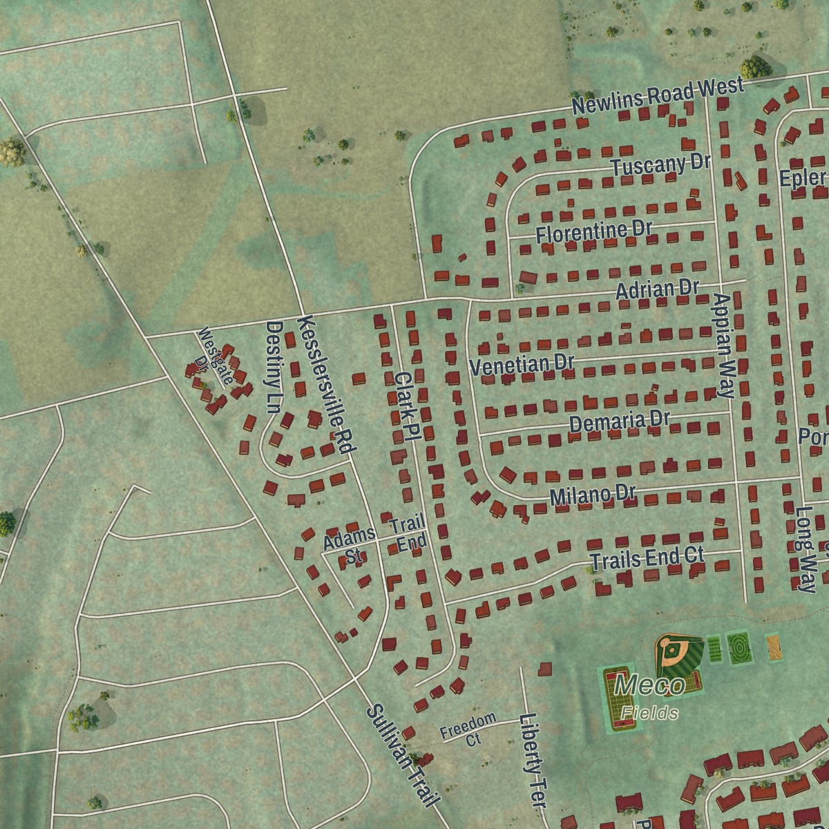 Second close-up of the map of Chestnut Hill, Pennsylvania print showing more streets and buildings