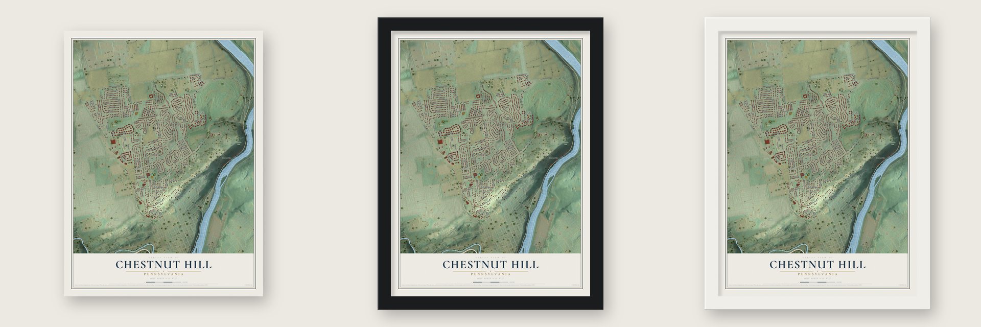 Chestnut Hill, Pennsylvania map unframed, in a black wood frame and in a white wood frame