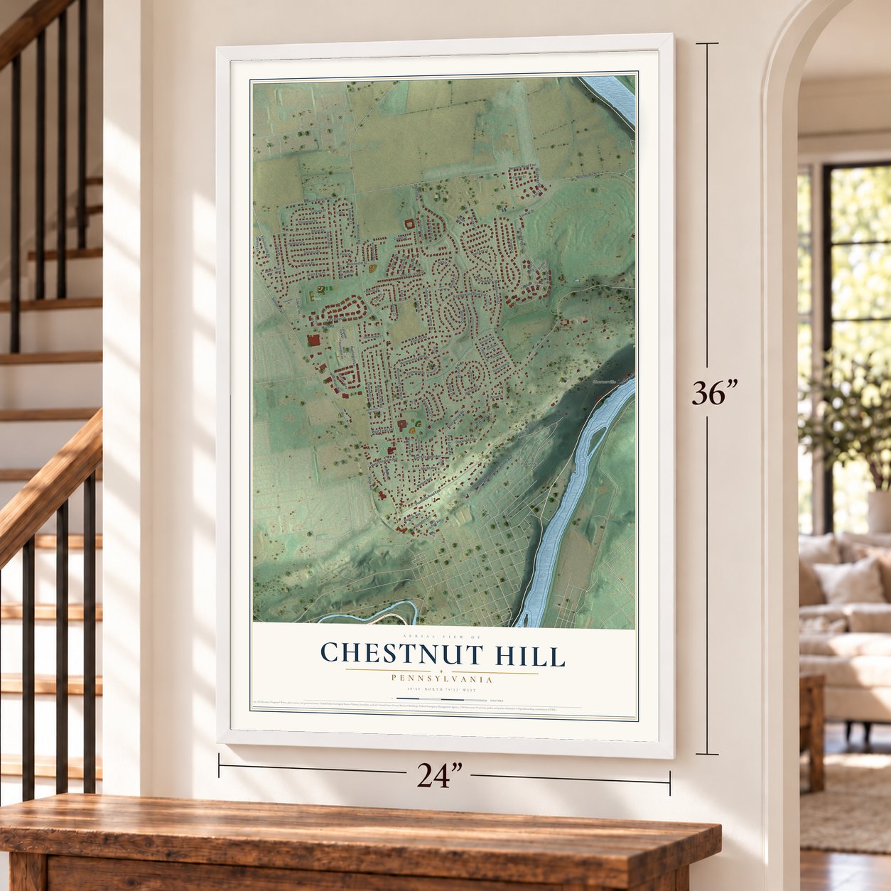 Chestnut Hill, Pennsylvania map, 24 x 36 inch print in a white frame by a staircase