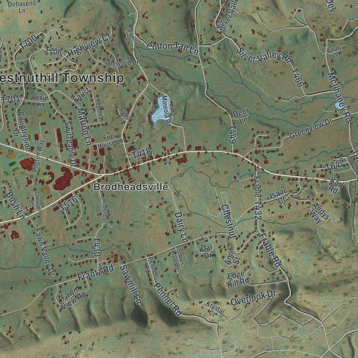 Second close-up of the map of Chestnuthill, Pennsylvania print showing more streets and buildings