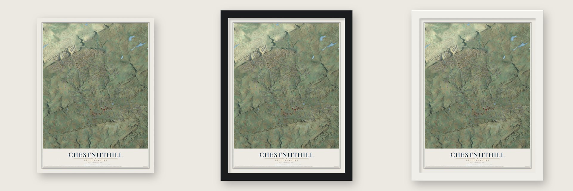 Chestnuthill, Pennsylvania map unframed, in a black wood frame and in a white wood frame