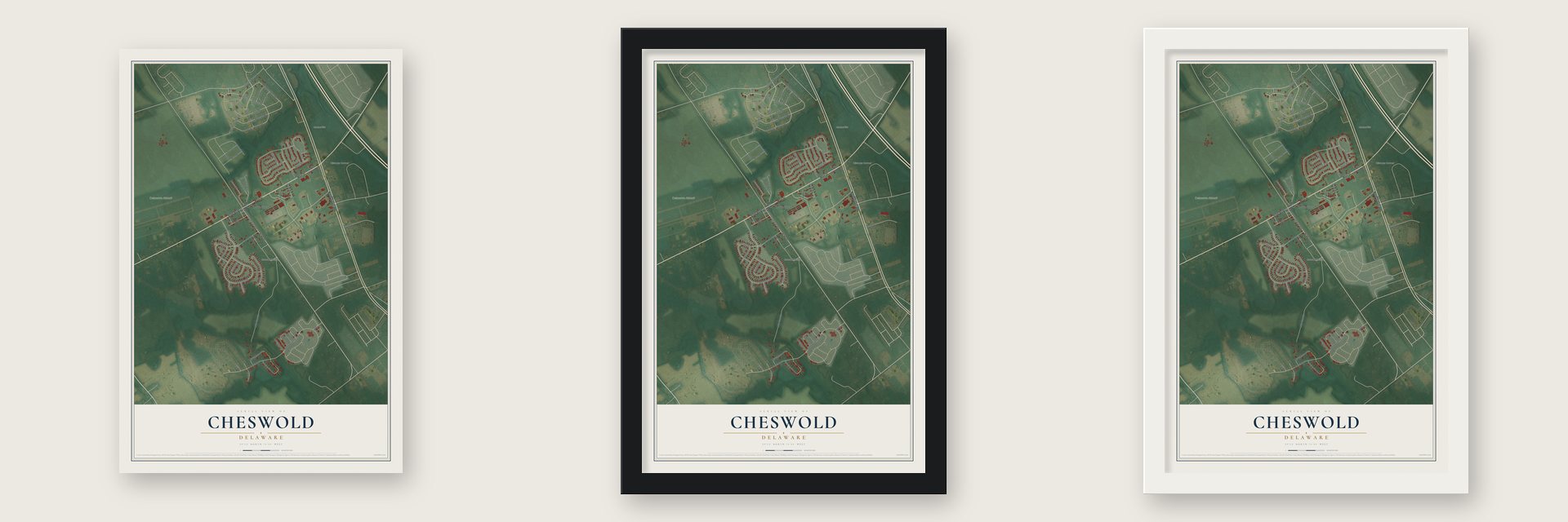 Cheswold, Delaware map unframed, in a black wood frame and in a white wood frame