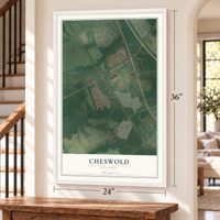 Cheswold, Delaware map, 24 x 36 inch print in a white frame by a staircase