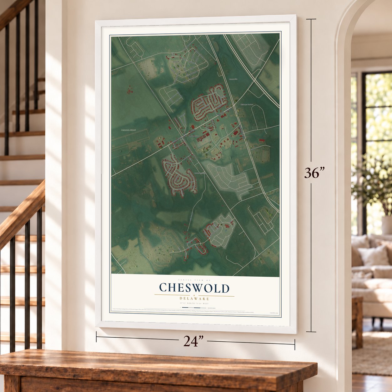 Cheswold, Delaware map, 24 x 36 inch print in a white frame by a staircase