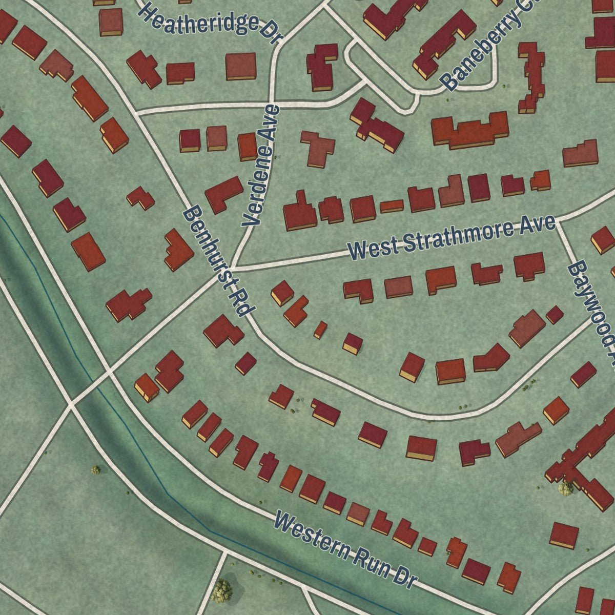 Second close-up of the map of Cheswolde, Maryland print showing more streets and buildings