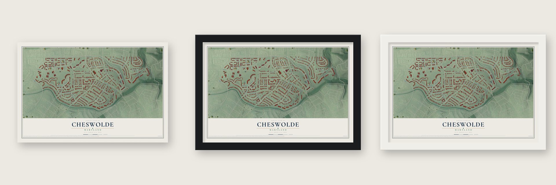 Cheswolde, Maryland map unframed, in a black wood frame and in a white wood frame