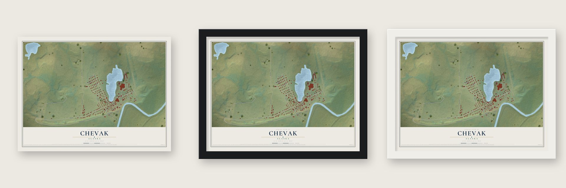 Chevak, Alaska map unframed, in a black wood frame and in a white wood frame
