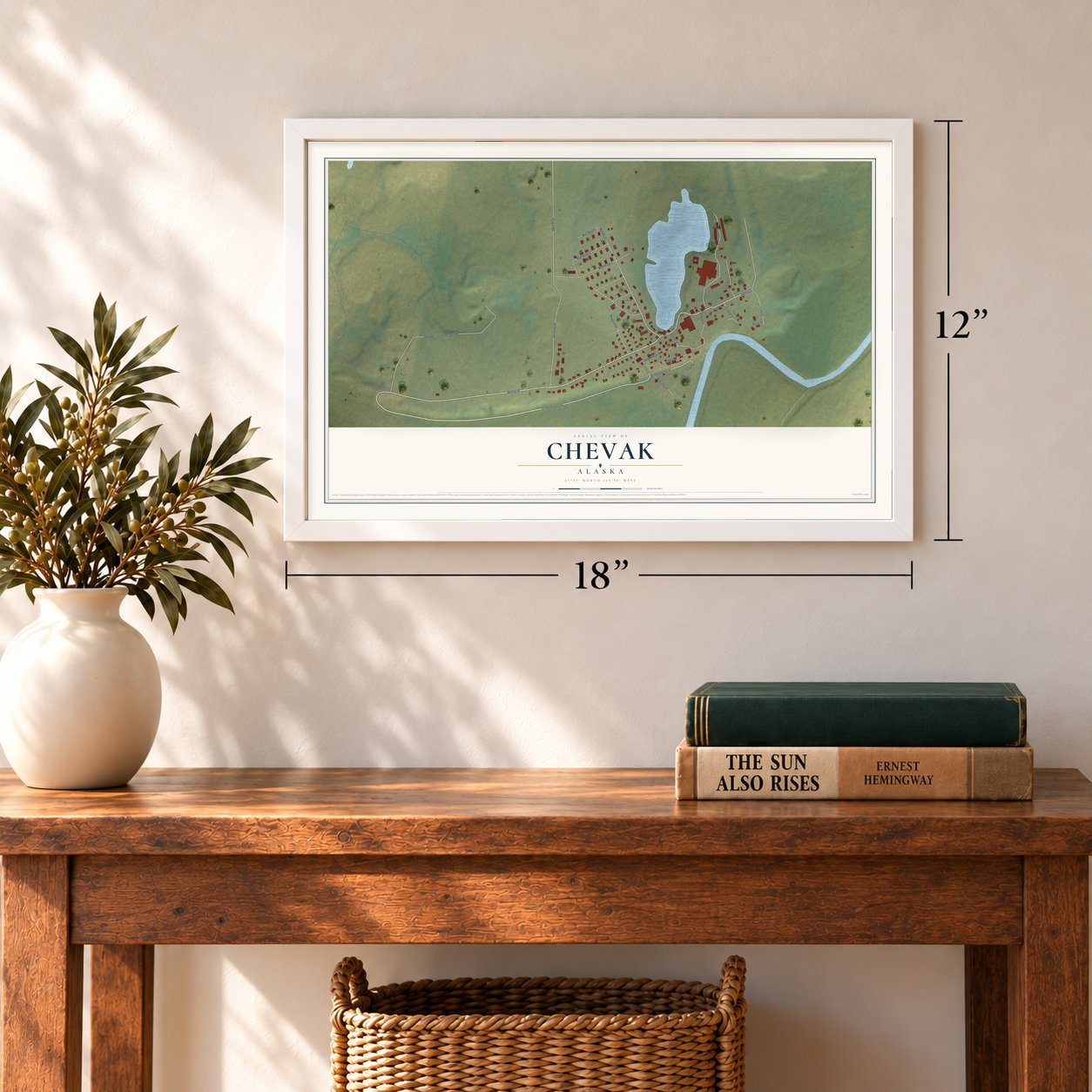Chevak, Alaska map, 12 x 18 inch print in a white frame in an entryway