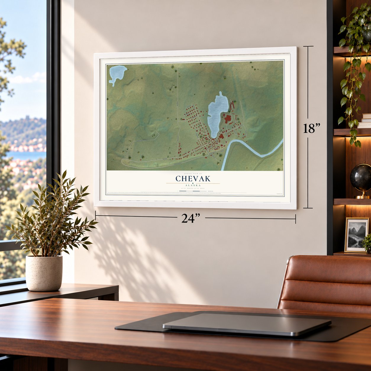 Chevak, Alaska map, 18 x 24 inch print in a white frame in a home office