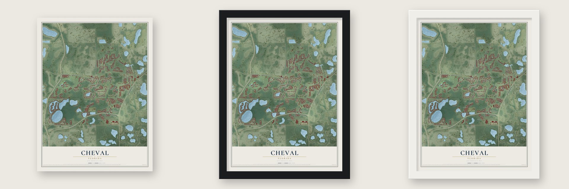 Cheval, Florida map unframed, in a black wood frame and in a white wood frame