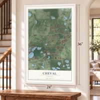 Cheval, Florida map, 24 x 36 inch print in a white frame by a staircase