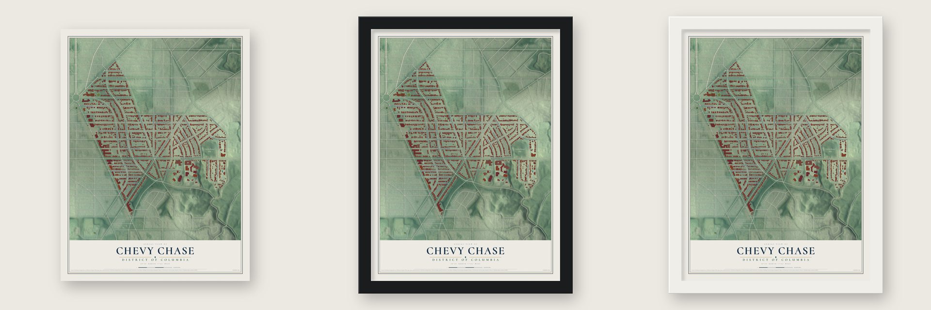 Chevy Chase, District of Columbia map unframed, in a black wood frame and in a white wood frame
