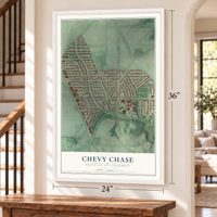 Chevy Chase, District of Columbia map, 24 x 36 inch print in a white frame by a staircase
