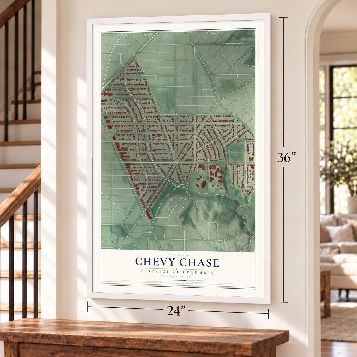 Chevy Chase, District of Columbia map, 24 x 36 inch print in a white frame by a staircase